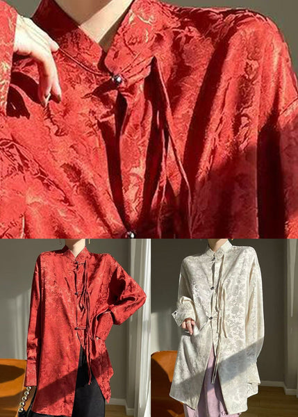 Chinese Style Red Stand Collar Button Silk Shirt Fall AB1002 Genistyle Shop