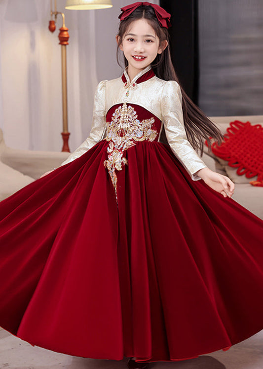 Chinese Style Red Stand Collar Embroideried Silk Velour Kids Long Dress Winter RP043 ABC