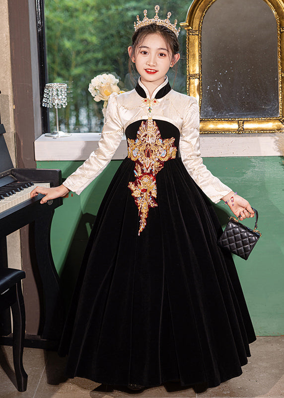 Chinese Style Red Stand Collar Embroideried Silk Velour Kids Long Dress Winter RP043 ABC