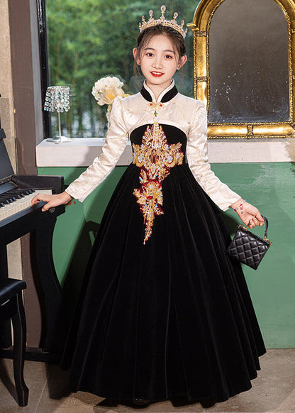 Chinese Style Red Stand Collar Embroideried Silk Velour Kids Long Dress Winter RP043 ABC