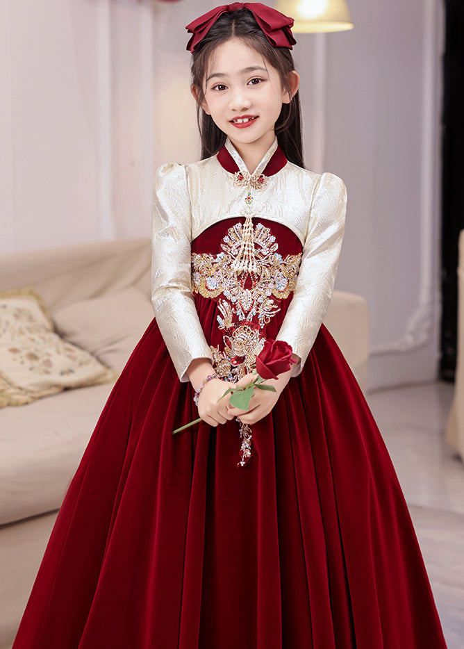 Chinese Style Red Stand Collar Embroideried Silk Velour Kids Long Dress Winter RP043 ABC