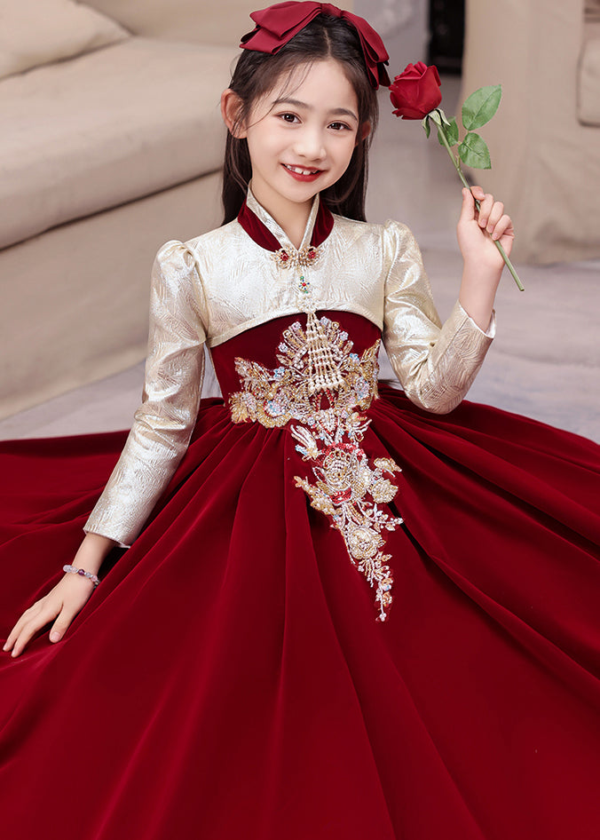 Chinese Style Red Stand Collar Embroideried Silk Velour Kids Long Dress Winter RP043 ABC