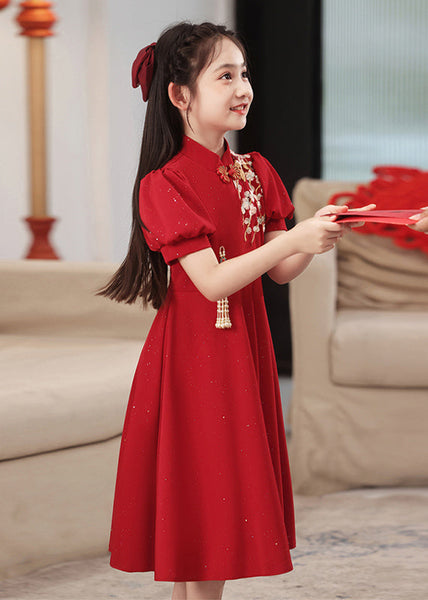 Short Collar Girls Chinese Style Stand Patchwork Maxi Dresses Red FashionChic