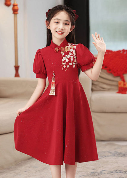 Short Collar Girls Chinese Style Stand Patchwork Maxi Dresses Red FashionChic