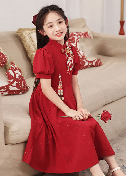 Short Collar Girls Chinese Style Stand Patchwork Maxi Dresses Red FashionChic