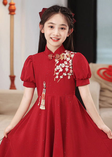 Short Collar Girls Chinese Style Stand Patchwork Maxi Dresses Red FashionChic
