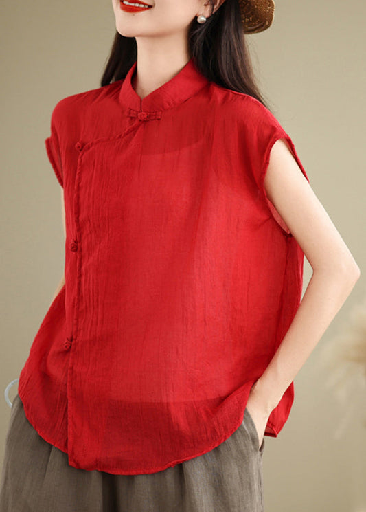 Stand Style Chinese Shirt Sleeve Short Patchwork Collar Red Linen FashionChic