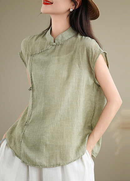 Stand Style Chinese Shirt Sleeve Short Patchwork Collar Red Linen FashionChic