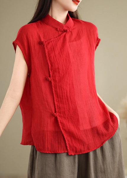 Stand Style Chinese Shirt Sleeve Short Patchwork Collar Red Linen FashionChic