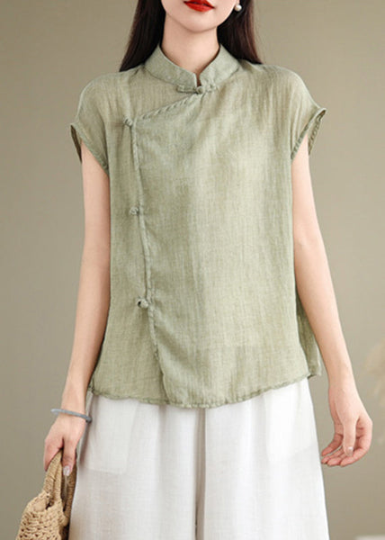 Stand Style Chinese Shirt Sleeve Short Patchwork Collar Red Linen FashionChic