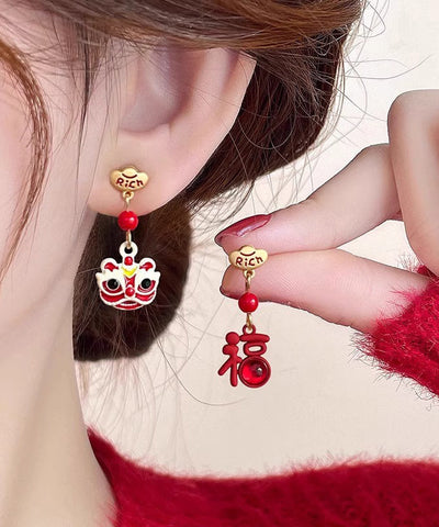 Chinese Style Red Sterling Silver Alloy Asymmetric Lion Graphic Drop Earrings YD026 ABC
