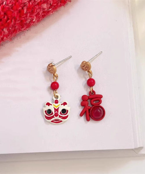 Chinese Style Red Sterling Silver Alloy Asymmetric Lion Graphic Drop Earrings YD026 ABC