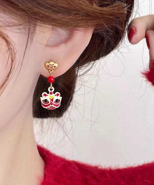 Chinese Style Red Sterling Silver Alloy Asymmetric Lion Graphic Drop Earrings YD026 ABC