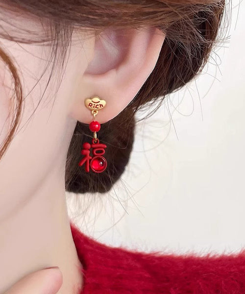 Chinese Style Red Sterling Silver Alloy Asymmetric Lion Graphic Drop Earrings YD026 ABC