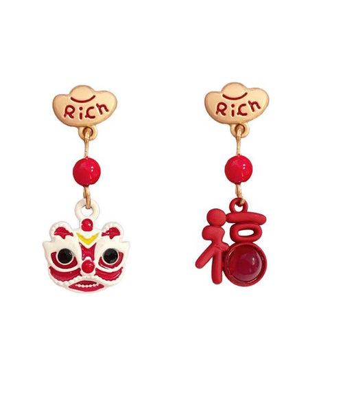 Chinese Style Red Sterling Silver Alloy Asymmetric Lion Graphic Drop Earrings YD026 ABC