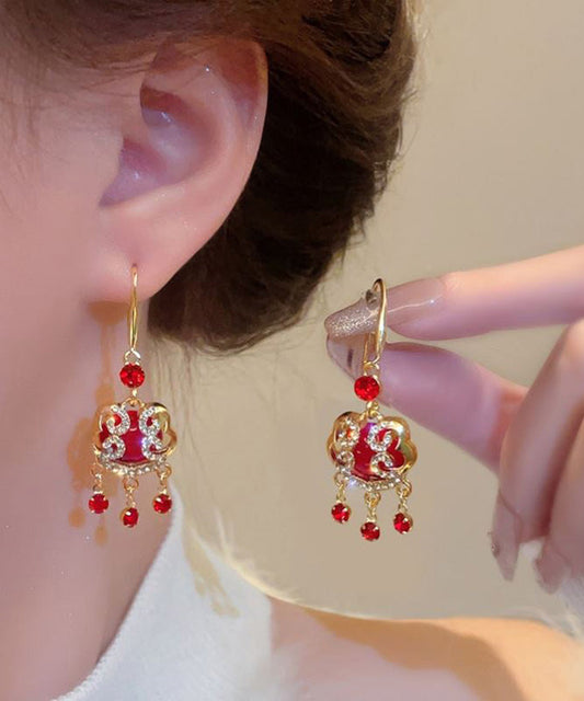 Chinese Style Red Sterling Silver Alloy Zircon Safety Lock Tassel Drop Earrings WH033 JEW-EAR241116