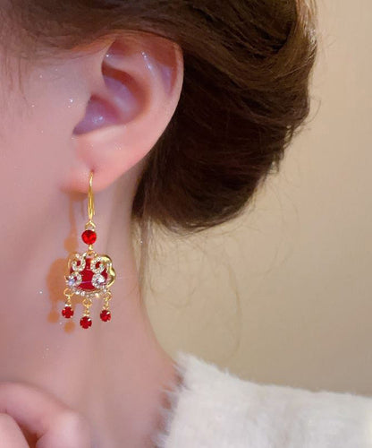 Chinese Style Red Sterling Silver Alloy Zircon Safety Lock Tassel Drop Earrings WH033 JEW-EAR241116