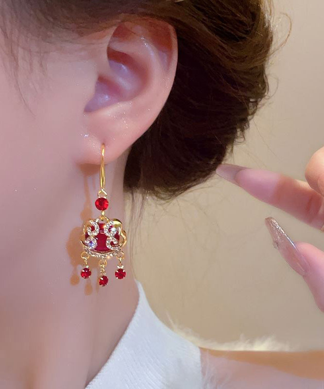 Chinese Style Red Sterling Silver Alloy Zircon Safety Lock Tassel Drop Earrings WH033 JEW-EAR241116