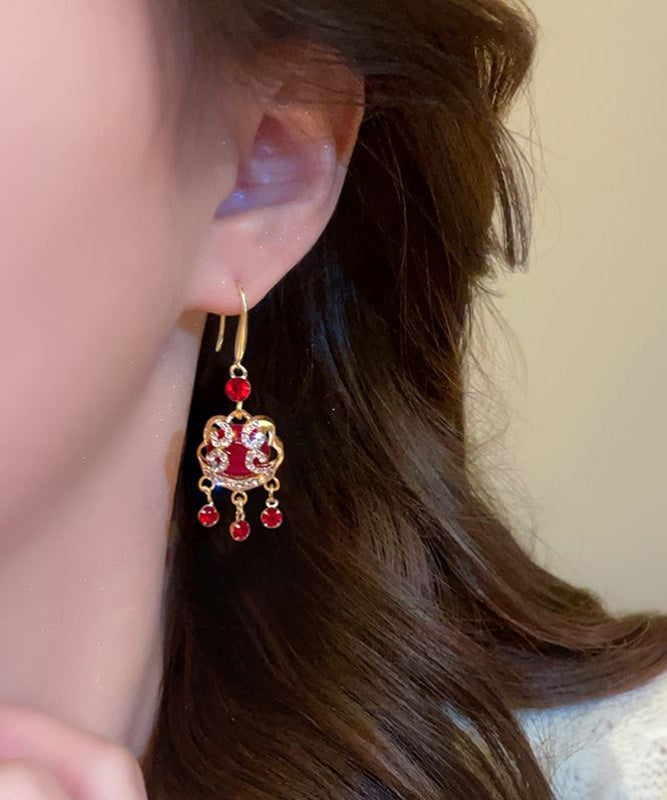 Chinese Style Red Sterling Silver Alloy Zircon Safety Lock Tassel Drop Earrings WH033 JEW-EAR241116