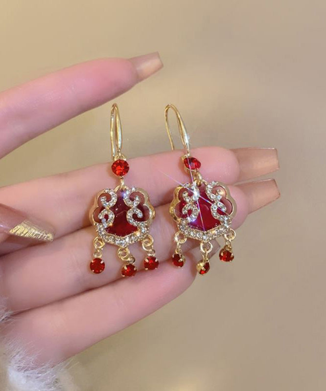 Chinese Style Red Sterling Silver Alloy Zircon Safety Lock Tassel Drop Earrings WH033 JEW-EAR241116