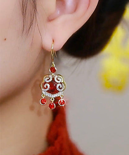 Chinese Style Red Sterling Silver Overgild Zircon Auspicious Clouds Ping Buckle Drop Earrings KX1042 Ada Fashion