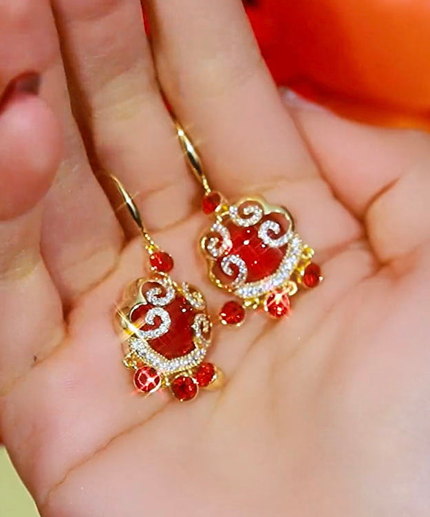 Chinese Style Red Sterling Silver Overgild Zircon Auspicious Clouds Ping Buckle Drop Earrings KX1042 Ada Fashion