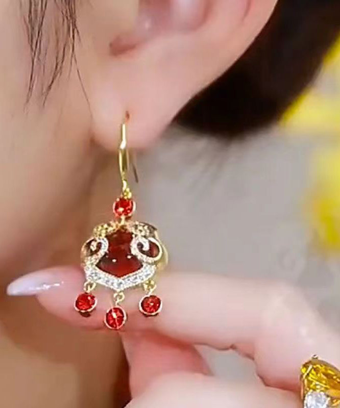 Chinese Style Red Sterling Silver Overgild Zircon Auspicious Clouds Ping Buckle Drop Earrings KX1042 Ada Fashion