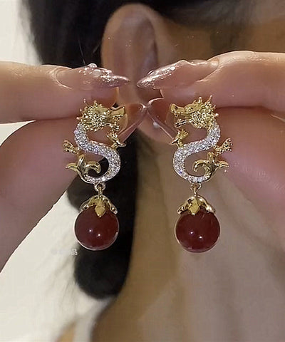 Chinese Style Red Sterling Silver Overgild Zircon Pearl Dragon Shaped Drop Earrings YX013 ABC