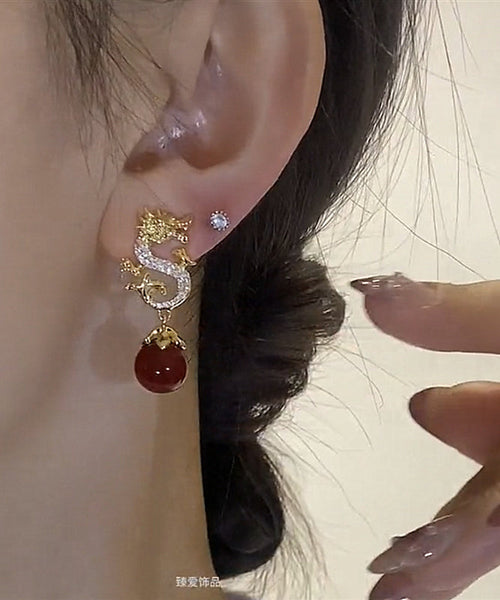 Chinese Style Red Sterling Silver Overgild Zircon Pearl Dragon Shaped Drop Earrings YX013 ABC