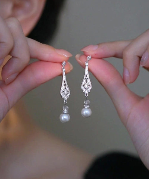 Chinese Earrings Drop Copper Pearl Zircon Silk Style FashionChic