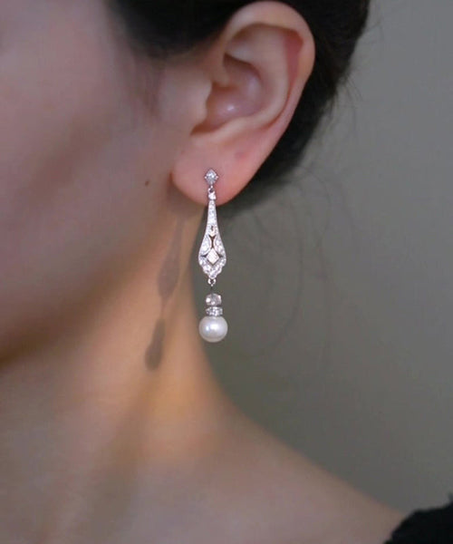 Chinese Earrings Drop Copper Pearl Zircon Silk Style FashionChic