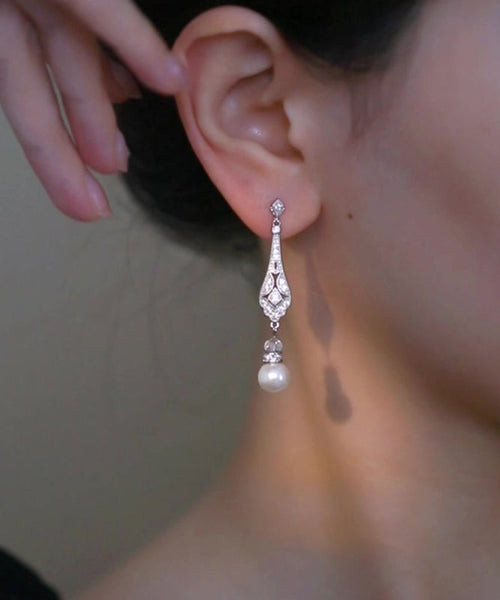 Chinese Earrings Drop Copper Pearl Zircon Silk Style FashionChic