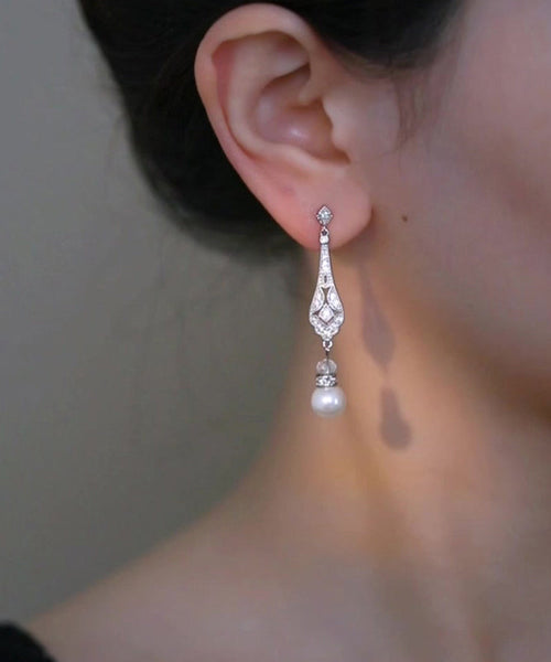 Chinese Earrings Drop Copper Pearl Zircon Silk Style FashionChic