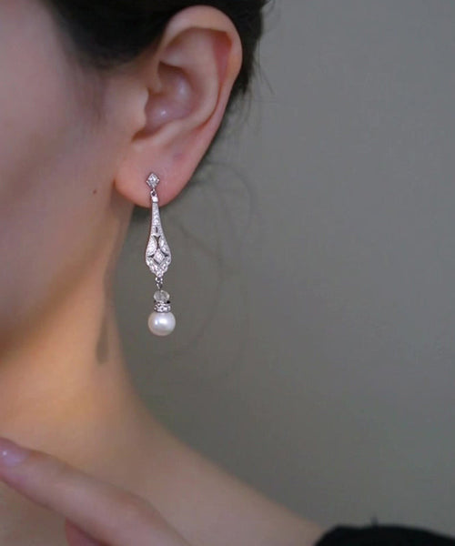 Chinese Earrings Drop Copper Pearl Zircon Silk Style FashionChic