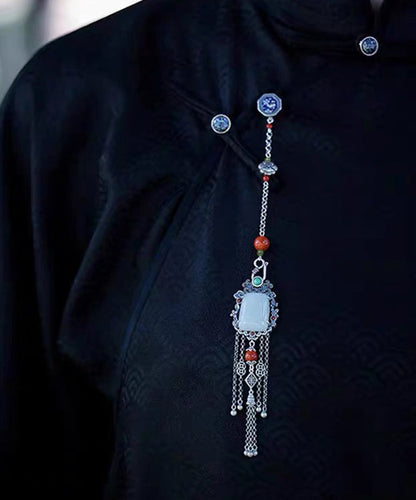 Chinese Style Silk Sterling Silver Jade Chain Tassel Brooches TX008