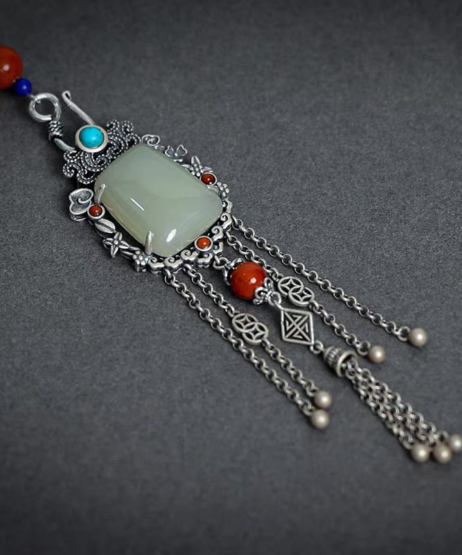 Chinese Style Silk Sterling Silver Jade Chain Tassel Brooches TX008