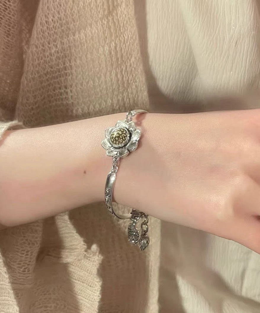 Sterling Lotus Chinese Silk Bracelet Style Charm Rotatable Silver FashionChic