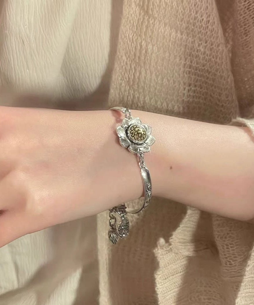 Sterling Lotus Chinese Silk Bracelet Style Charm Rotatable Silver FashionChic