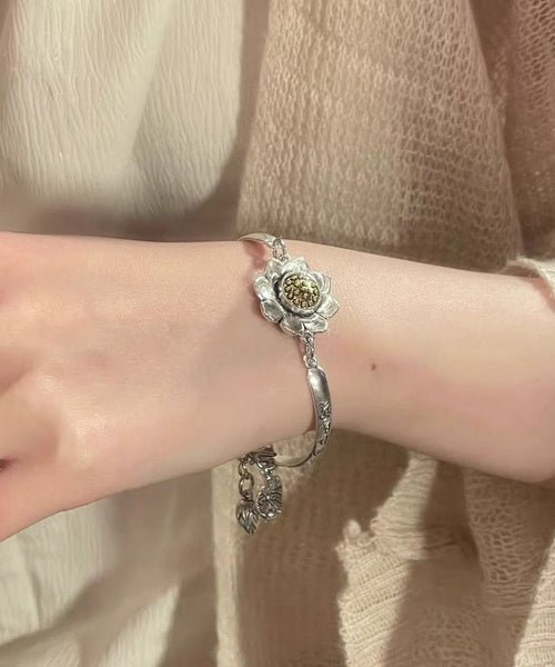 Sterling Lotus Chinese Silk Bracelet Style Charm Rotatable Silver FashionChic
