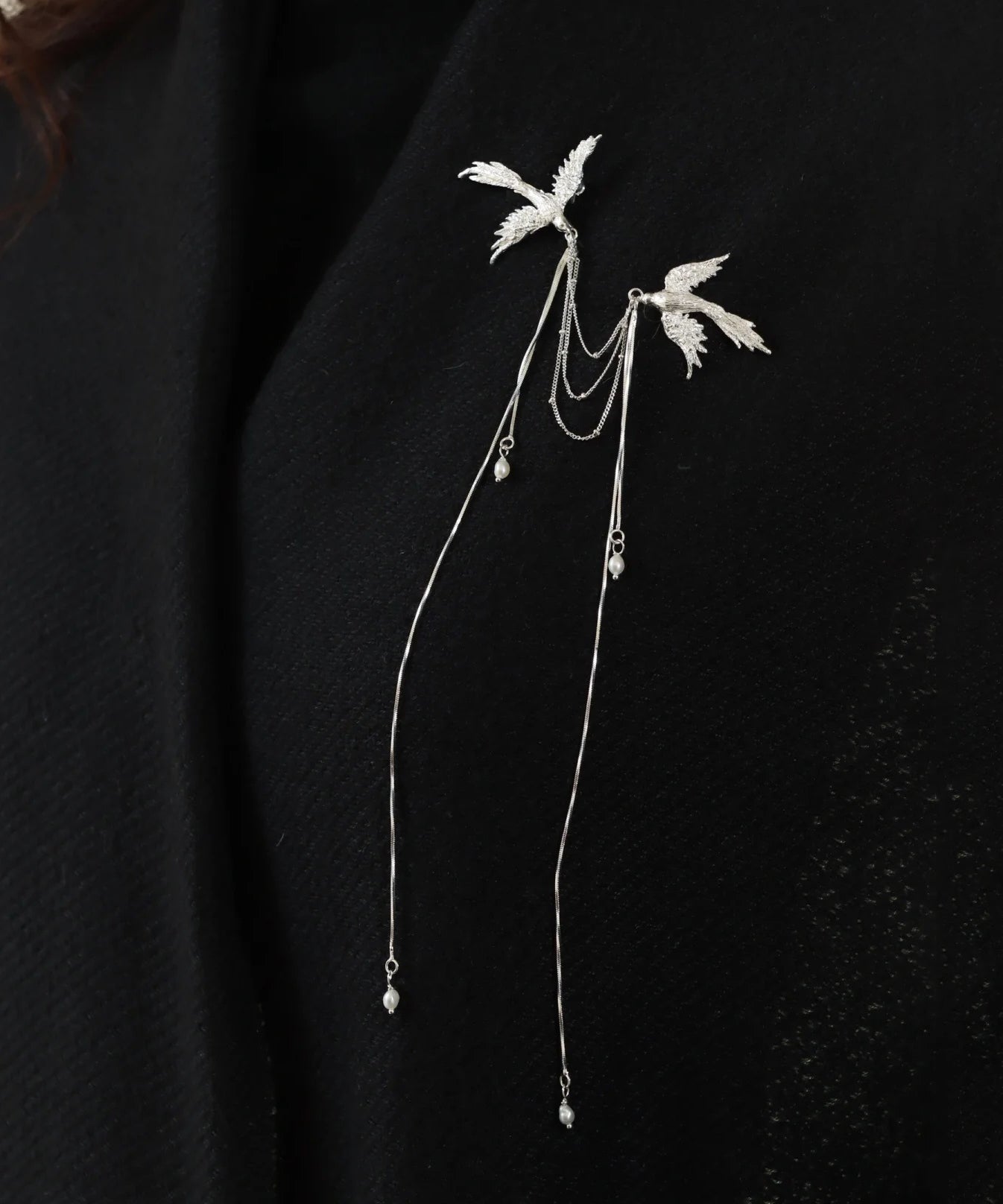 Chinese Style Silk Sterling Silver Pearl Phoenix Seeking A Mate Tassel Brooch RA021 ABC