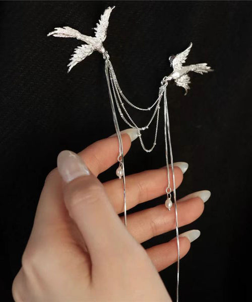 Chinese Style Silk Sterling Silver Pearl Phoenix Seeking A Mate Tassel Brooch RA021 ABC
