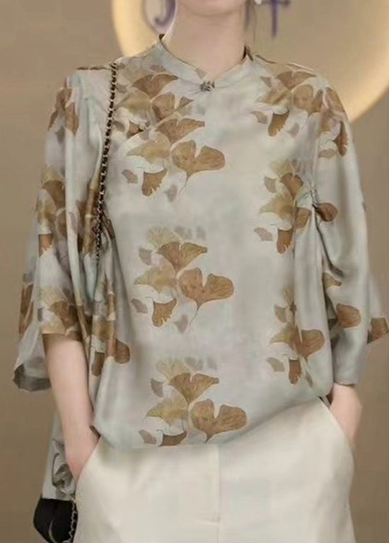 Chinese Style Stand Collar Print Silk Shirt Tops Bracelet Sleeve BV075 MZF-HTP240702