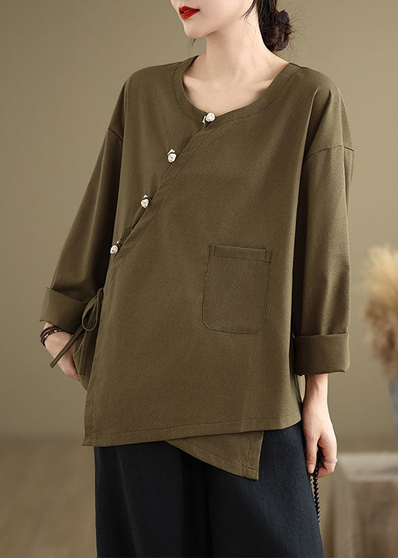 Chinese Style Tea Green O Neck Button Patchwork Cotton Tops Spring TJ012