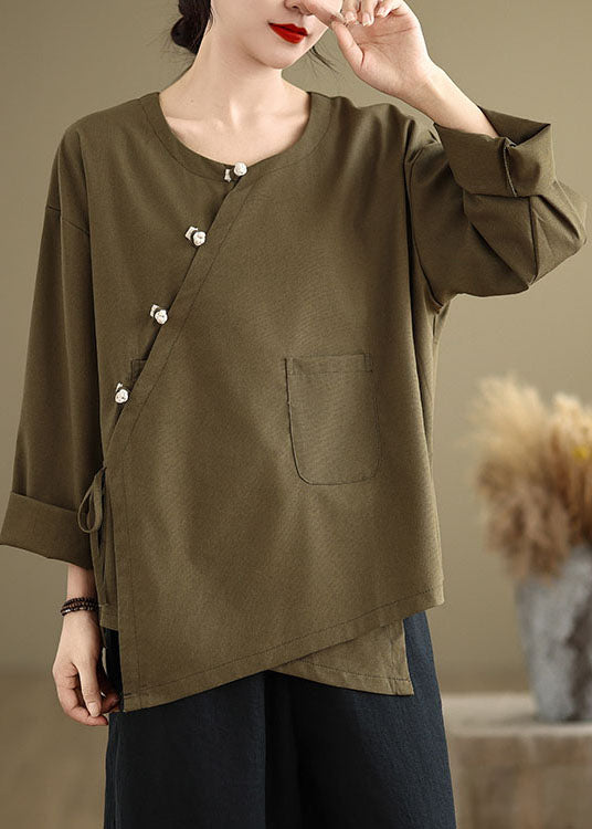 Chinese Style Tea Green O Neck Button Patchwork Cotton Tops Spring TJ012