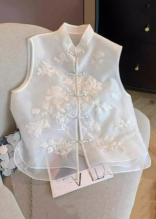 Chinese Style White Embroidered Button Tulle Waistcoat Sleeveless JH022 MMDM-VTP240717