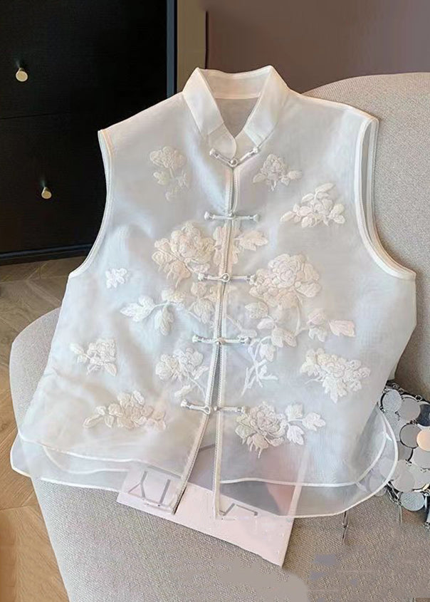 Chinese Style White Embroidered Button Tulle Waistcoat Sleeveless JH022 MMDM-VTP240717