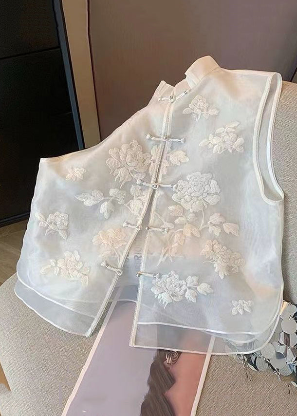 Chinese Style White Embroidered Button Tulle Waistcoat Sleeveless JH022 MMDM-VTP240717