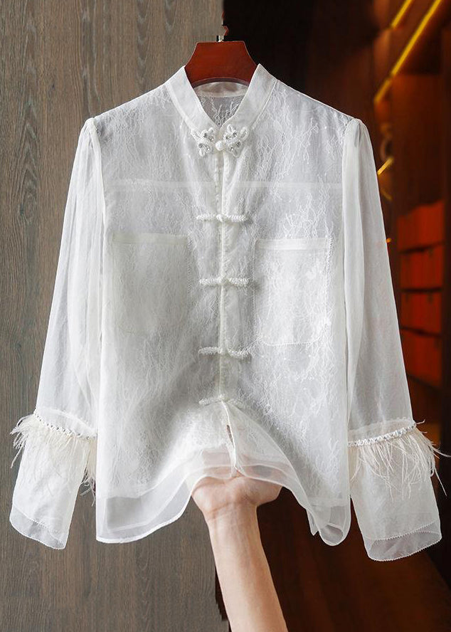 Chinese Style White Feathers Lace Patchwork Shirt Long Sleeve Ada Fashion