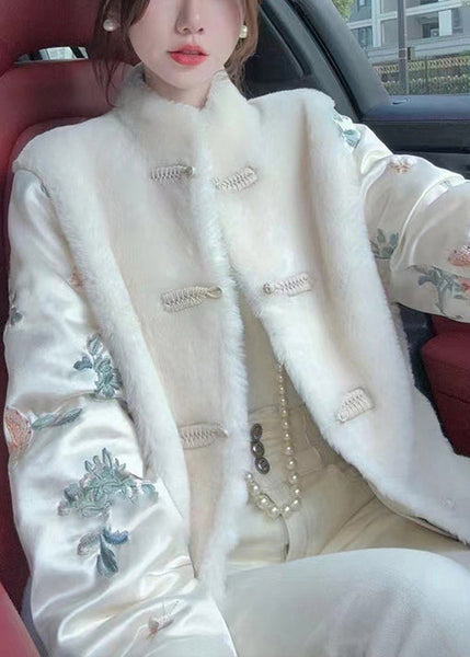 Chinese Style White Fluffy Button Patchwork Parkas Winter RC001 ABC