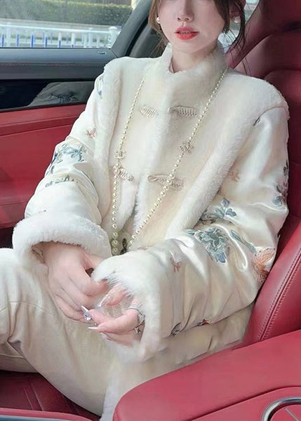 Chinese Style White Fluffy Button Patchwork Parkas Winter RC001 ABC